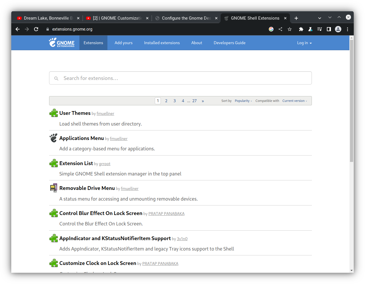 The gnome extensions web site