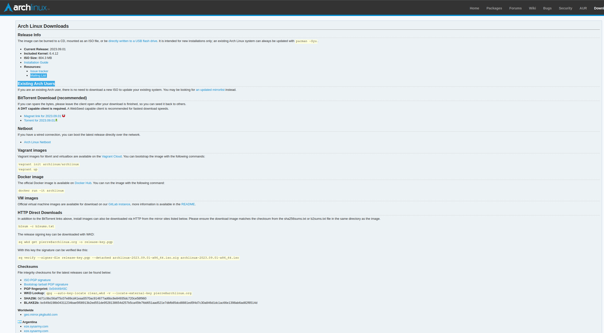 Arch Linux iso website.