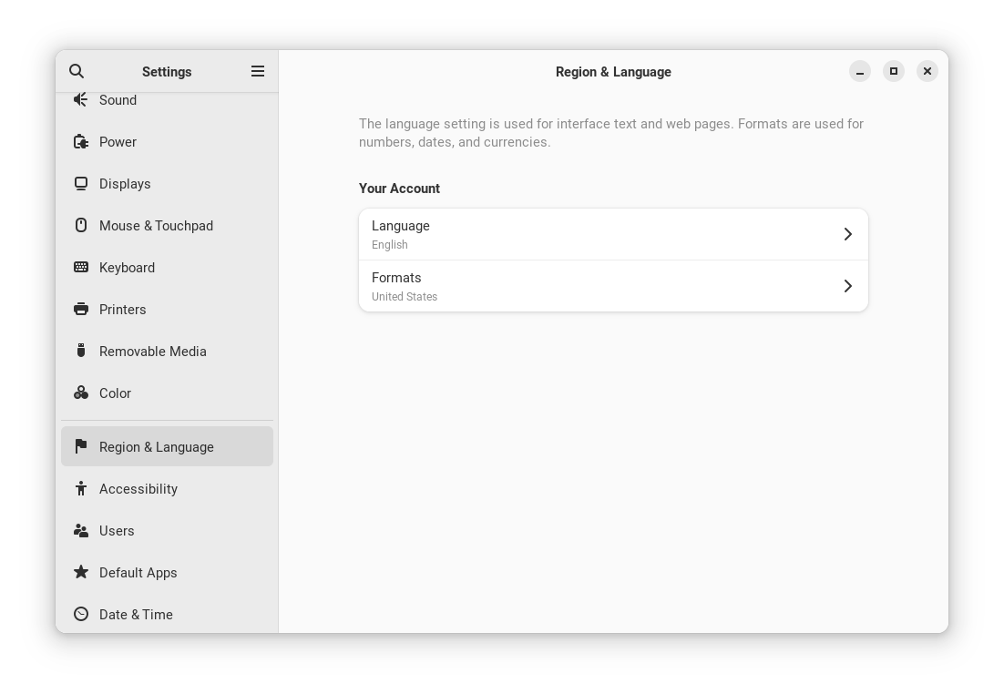 The Gnome settings window