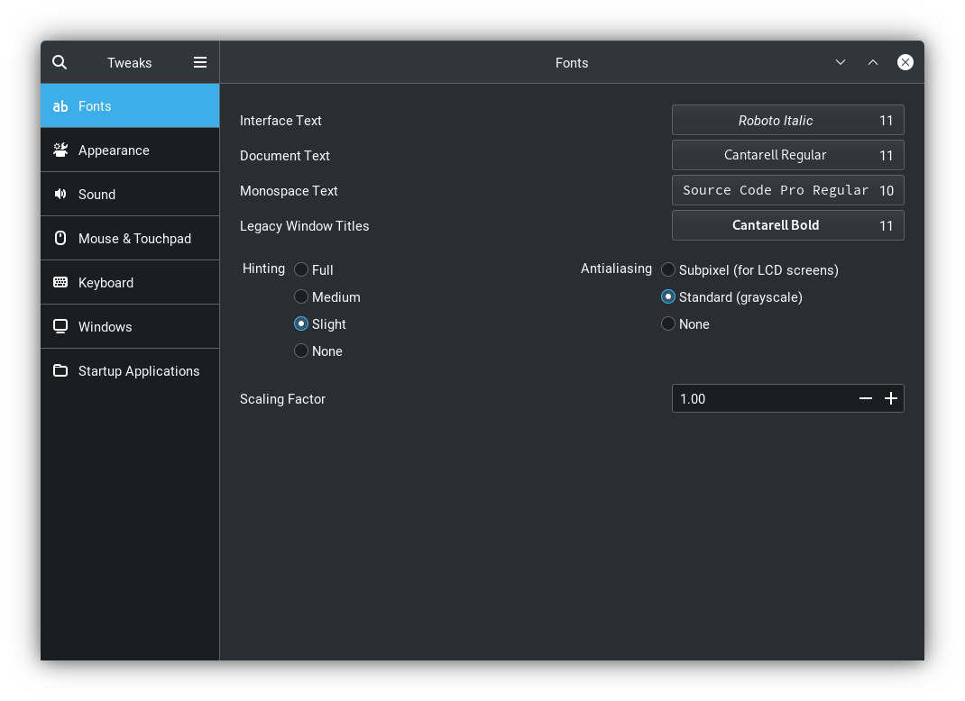 The tweaks tool window.
